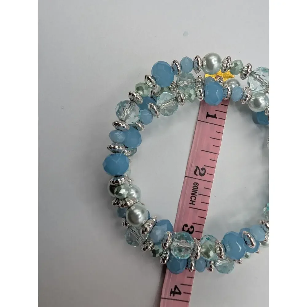 Liz Claiborne Blue Aqua Pearl Beaded Memory Wire Coil Bracelet Charm Fashion